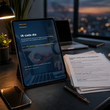 Ebook IA cada día mostrado en tableta sobre escritorio